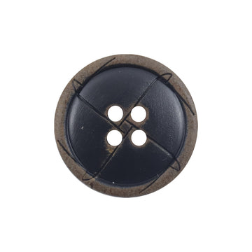 Black round cow horn button with 4-hole design and horn-colored outer edge.