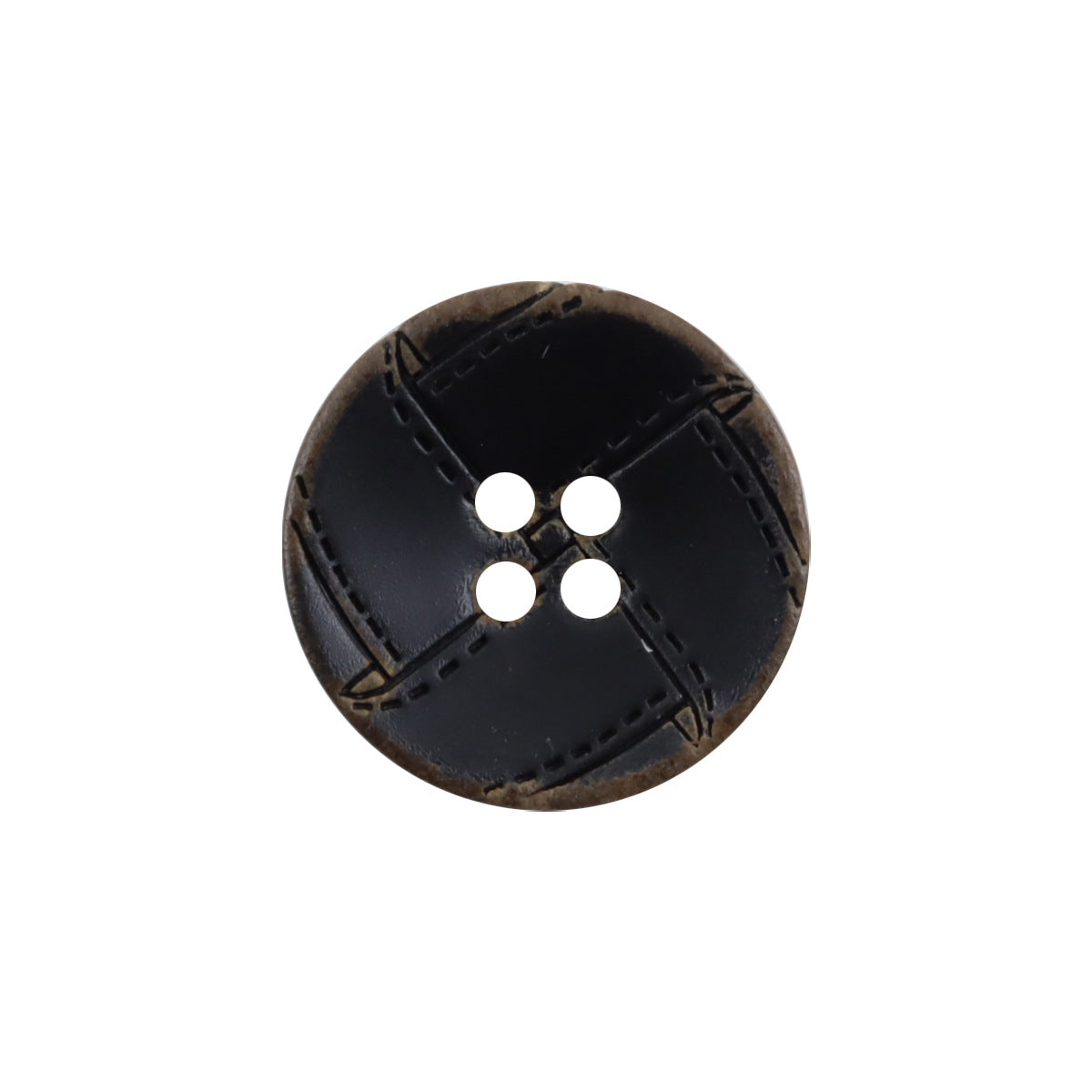 Burnt natural horn button, dark with tan stitched cross and 4 holes