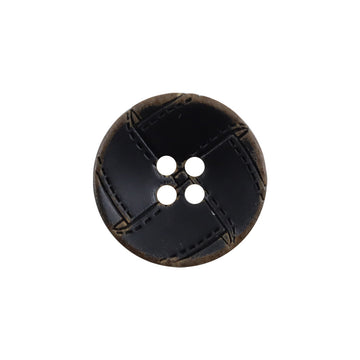 Burnt natural horn button, dark with tan stitched cross and 4 holes