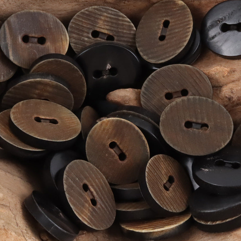 Round horn buttons bundle, coffee-brown and black colors, bevel-cut textured surface