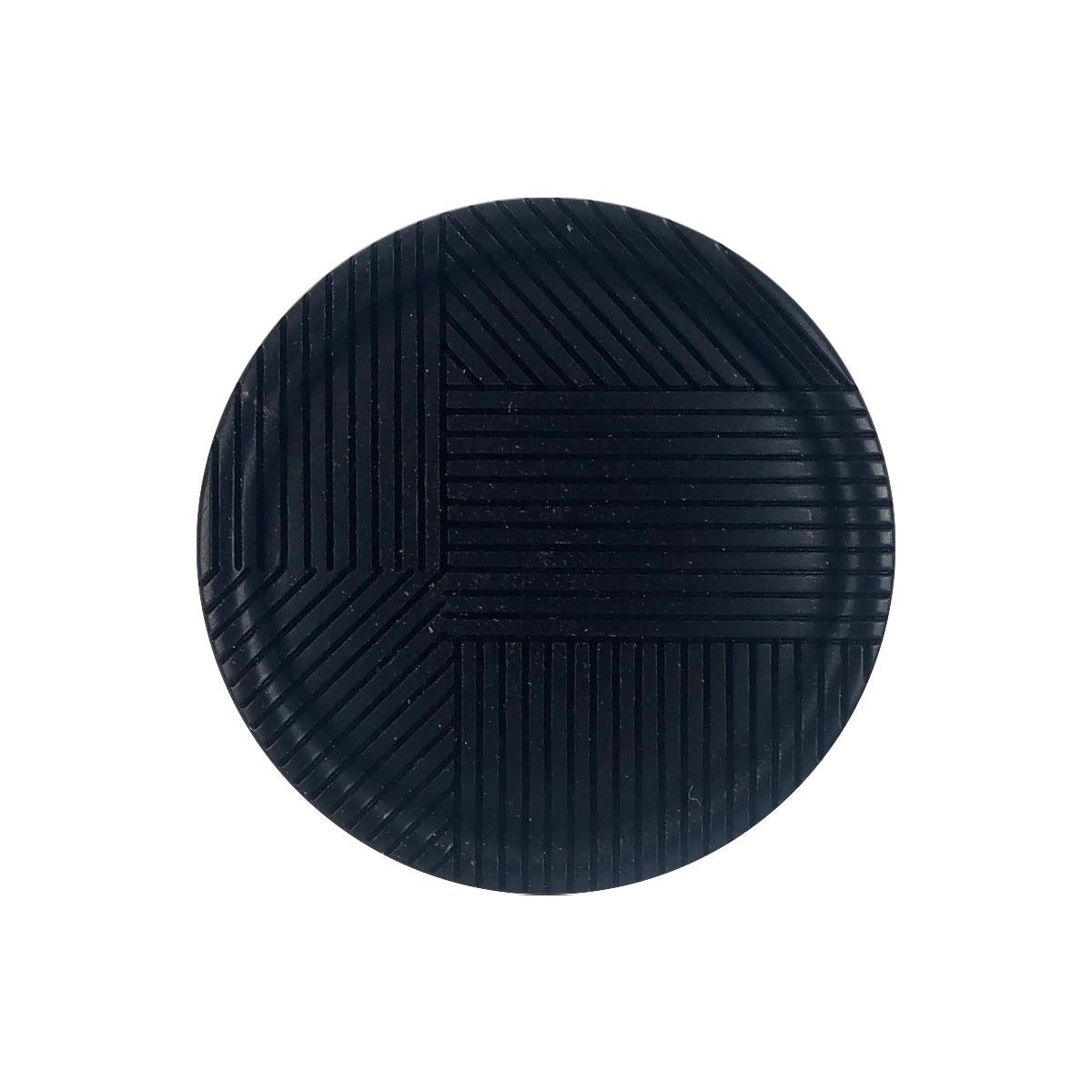 Round black twill-texture button with subtle vertical stripe pattern on the front