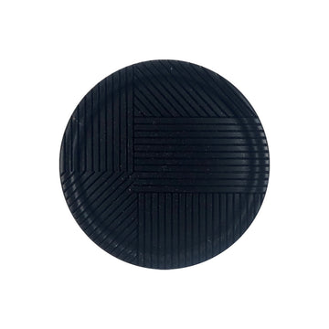 Round black twill-texture button with subtle vertical stripe pattern on the front