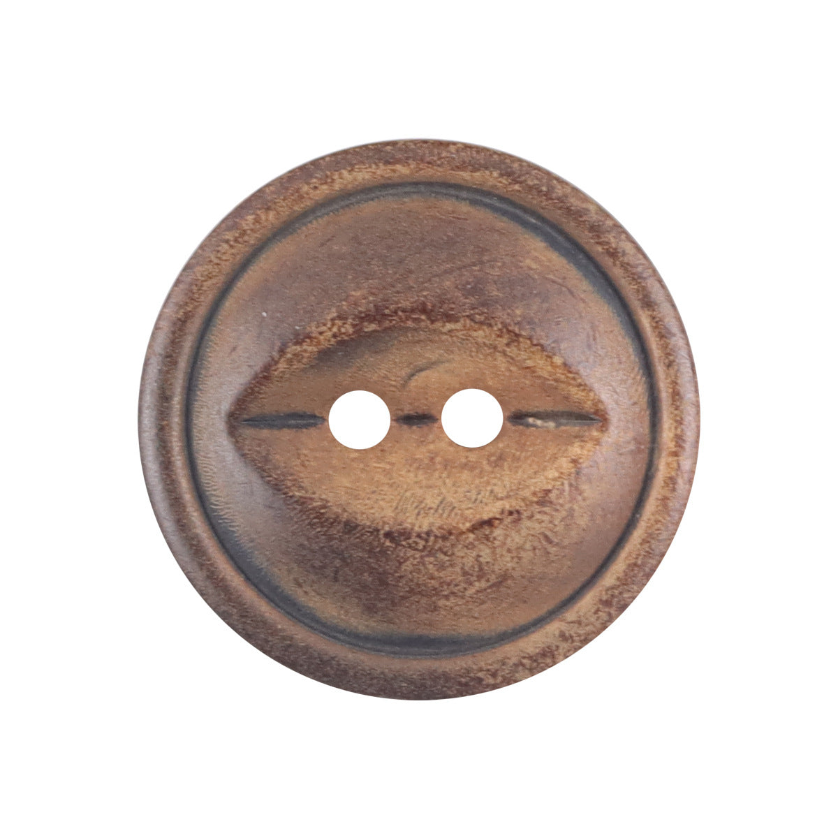 Fish-eye horn button, burnt yellow-brown, 2-hole front, round with rustic edge