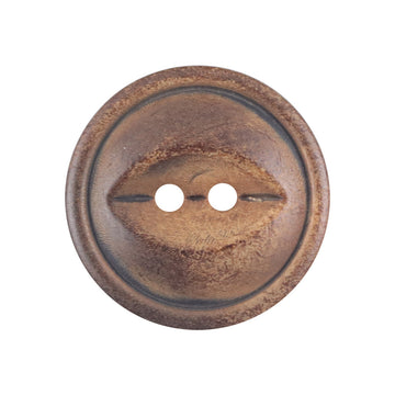 Fish-eye horn button, burnt yellow-brown, 2-hole front, round with rustic edge