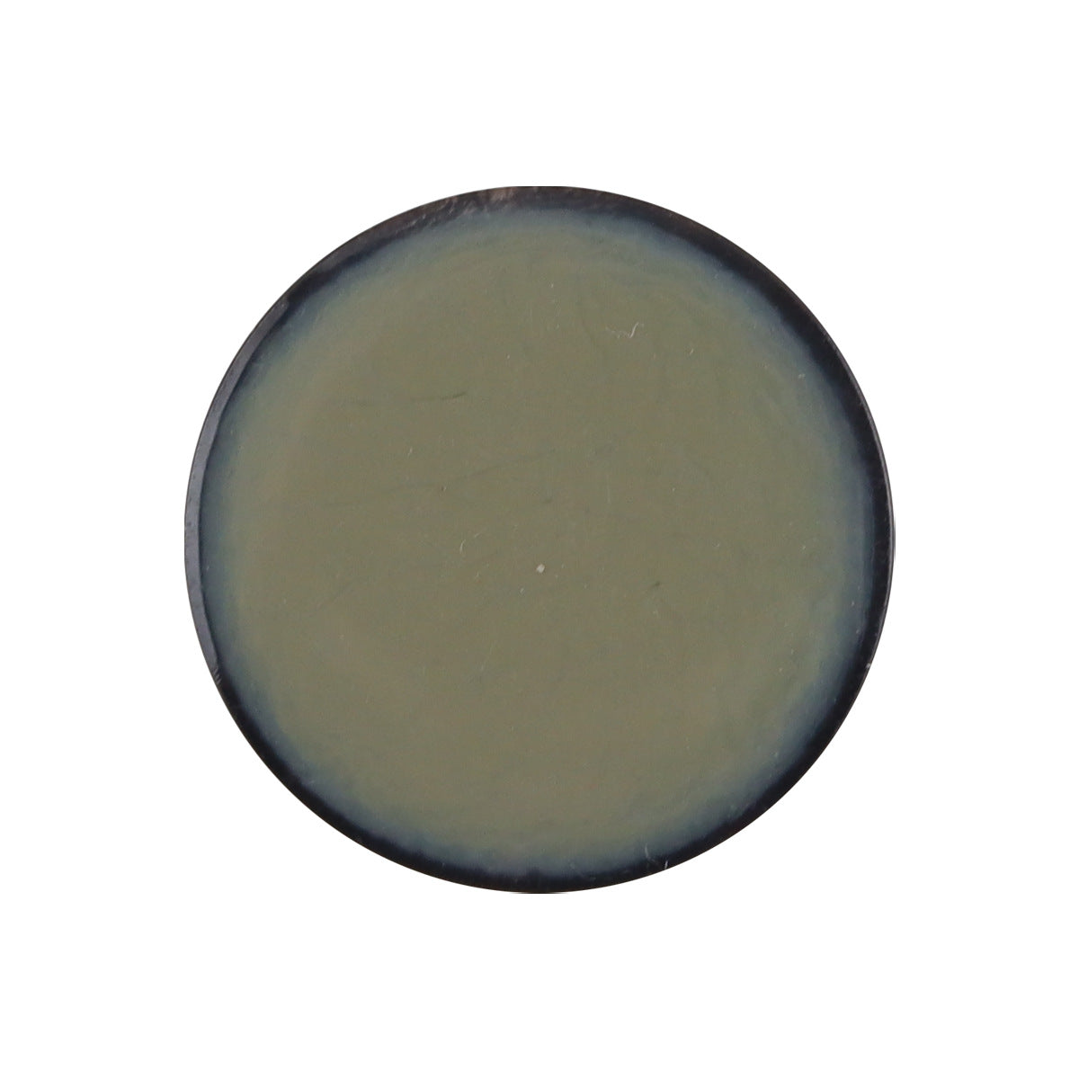 Gray-green natural horn shank button, round with a visible shank and metal loop