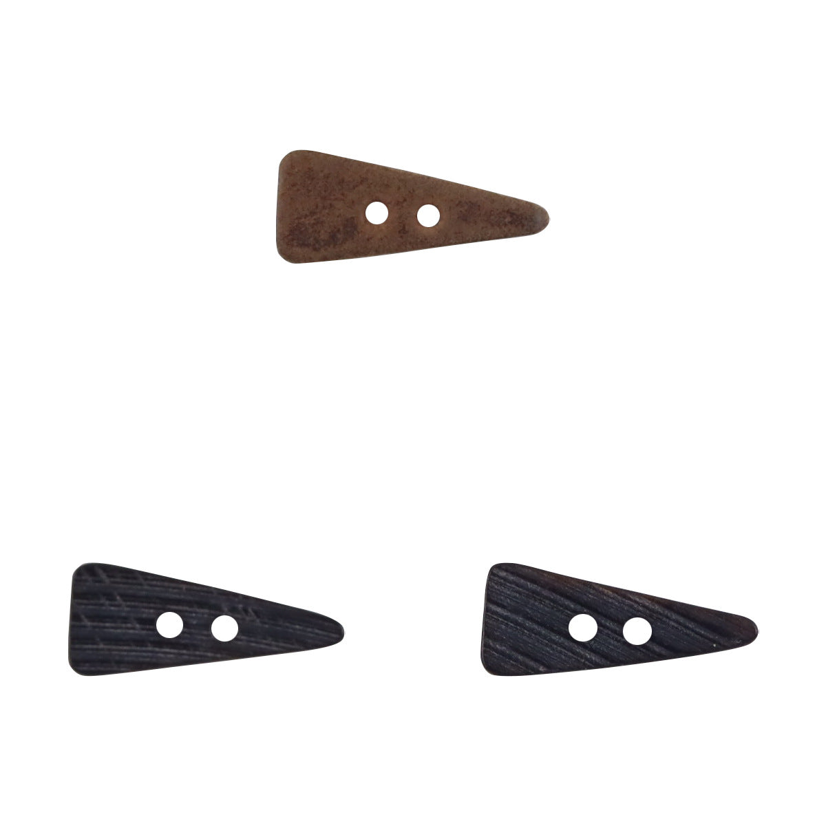 Vintage triangular ox horn buttons set, dark brown, two-hole design