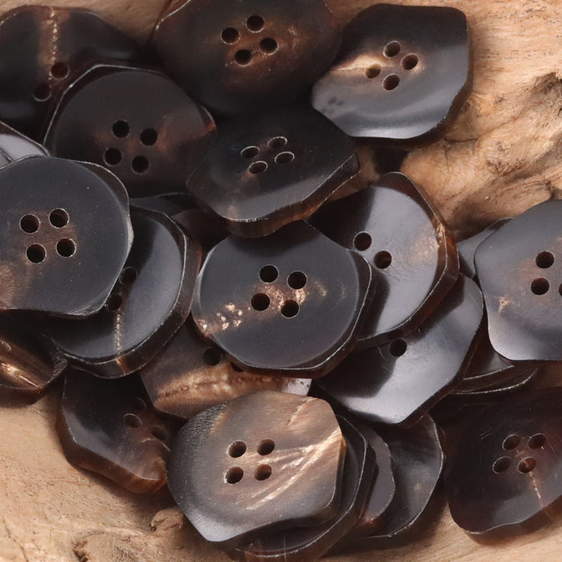 Coffee brown exotic-shaped ox horn buttons with four-hole dot designs