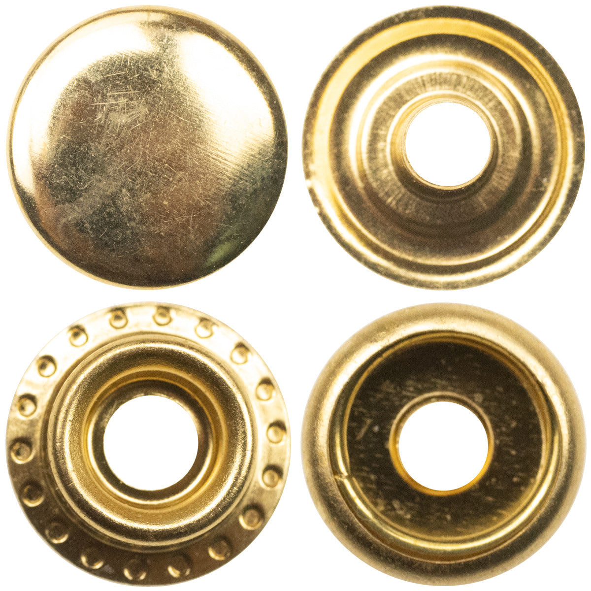 Brass flat snap fastener parts, round heads with central holes