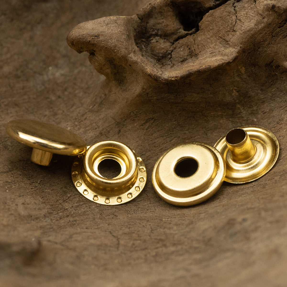 Brass snap fastener set with flat backs and metal socket on leather