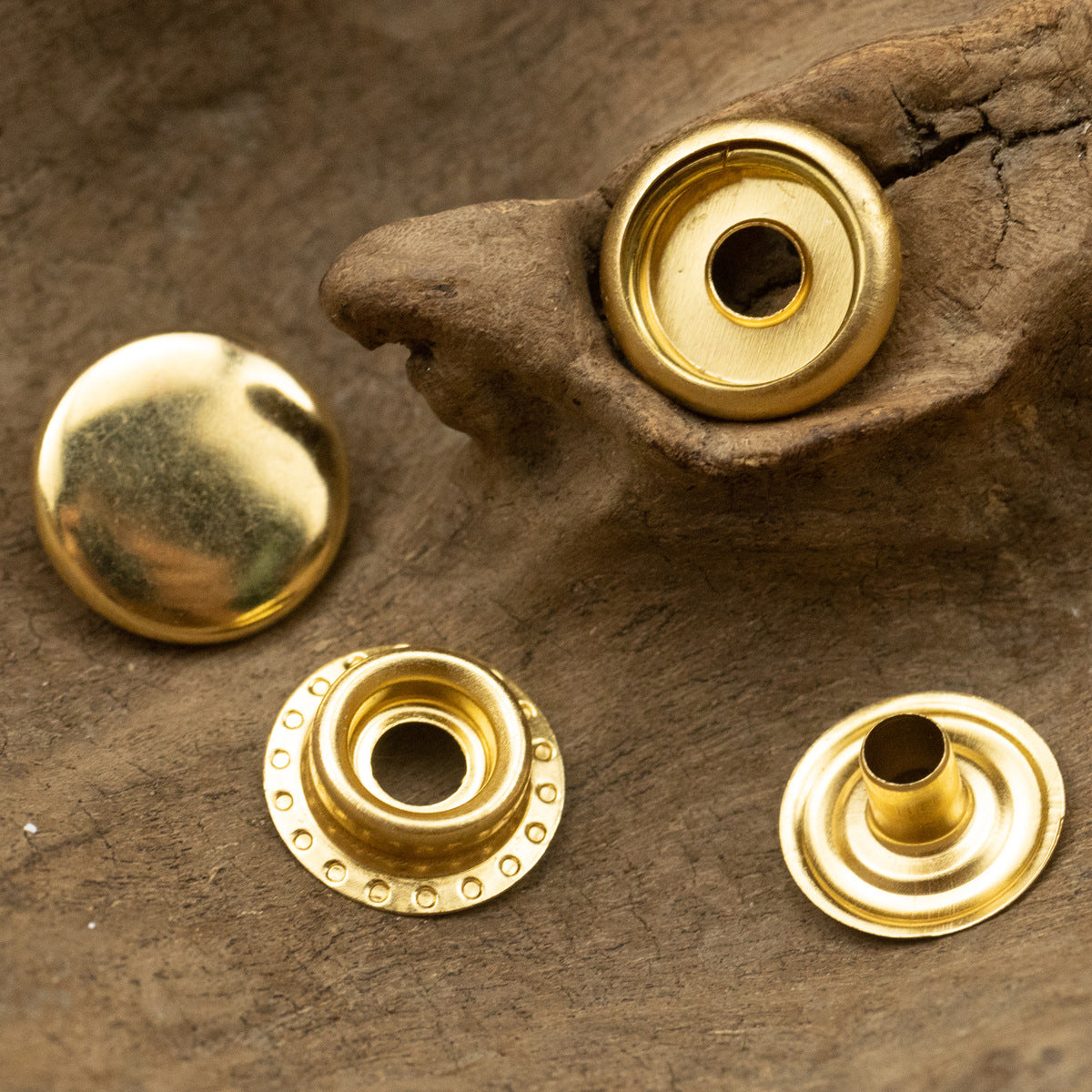 Brass snap fasteners: flat cap, socket base, and matching stud tips