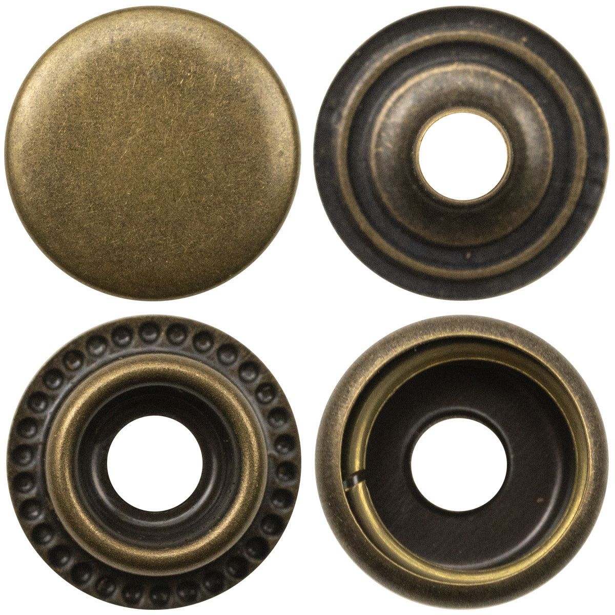 Brass snap stud buttons: flat face and back ring, denim clothing, 20 pcs