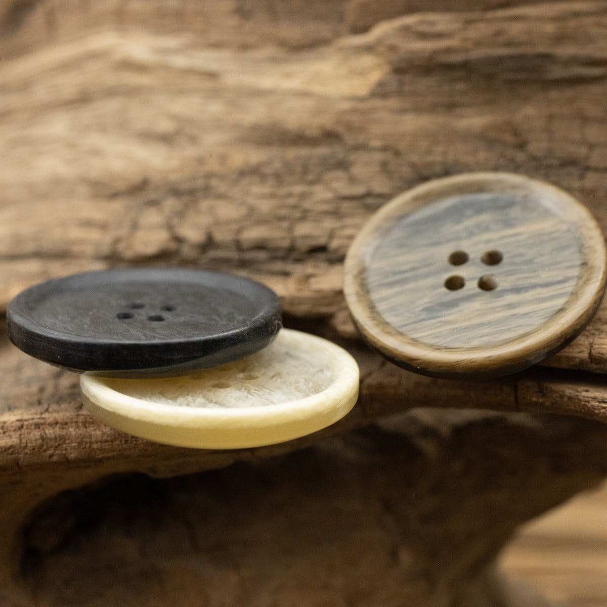 Beveled woodgrain resin buttons, black, cream and wood-tone, 4-hole, 15-30mm