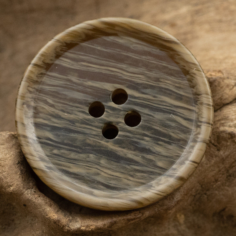 Beveled woodgrain resin button, light khaki/grey tone, 4-hole, 15-30mm