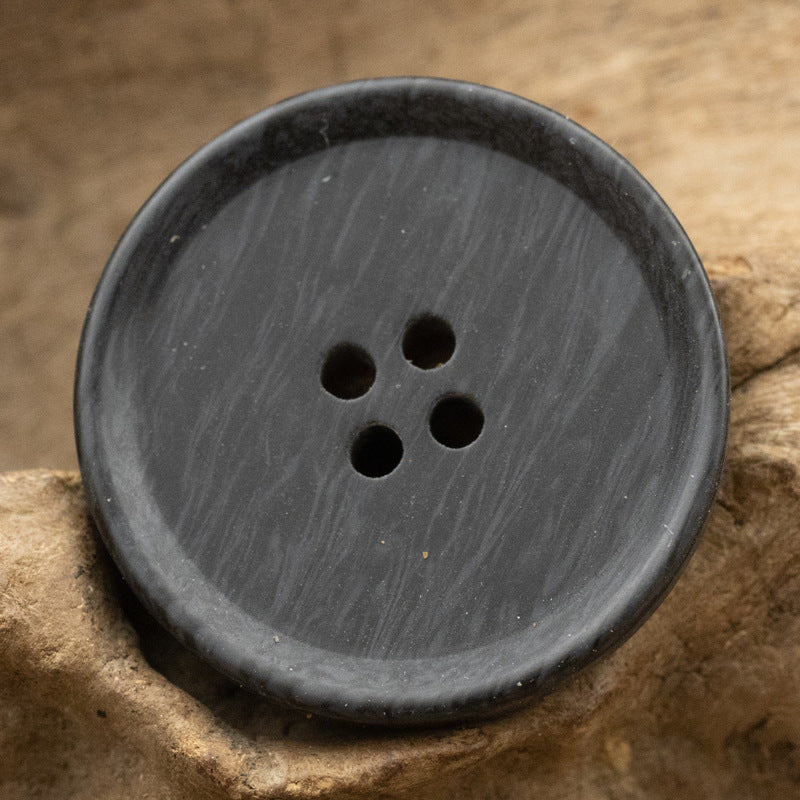 Beveled woodgrain resin button, dark charcoal/black, 4-hole, 15-30mm
