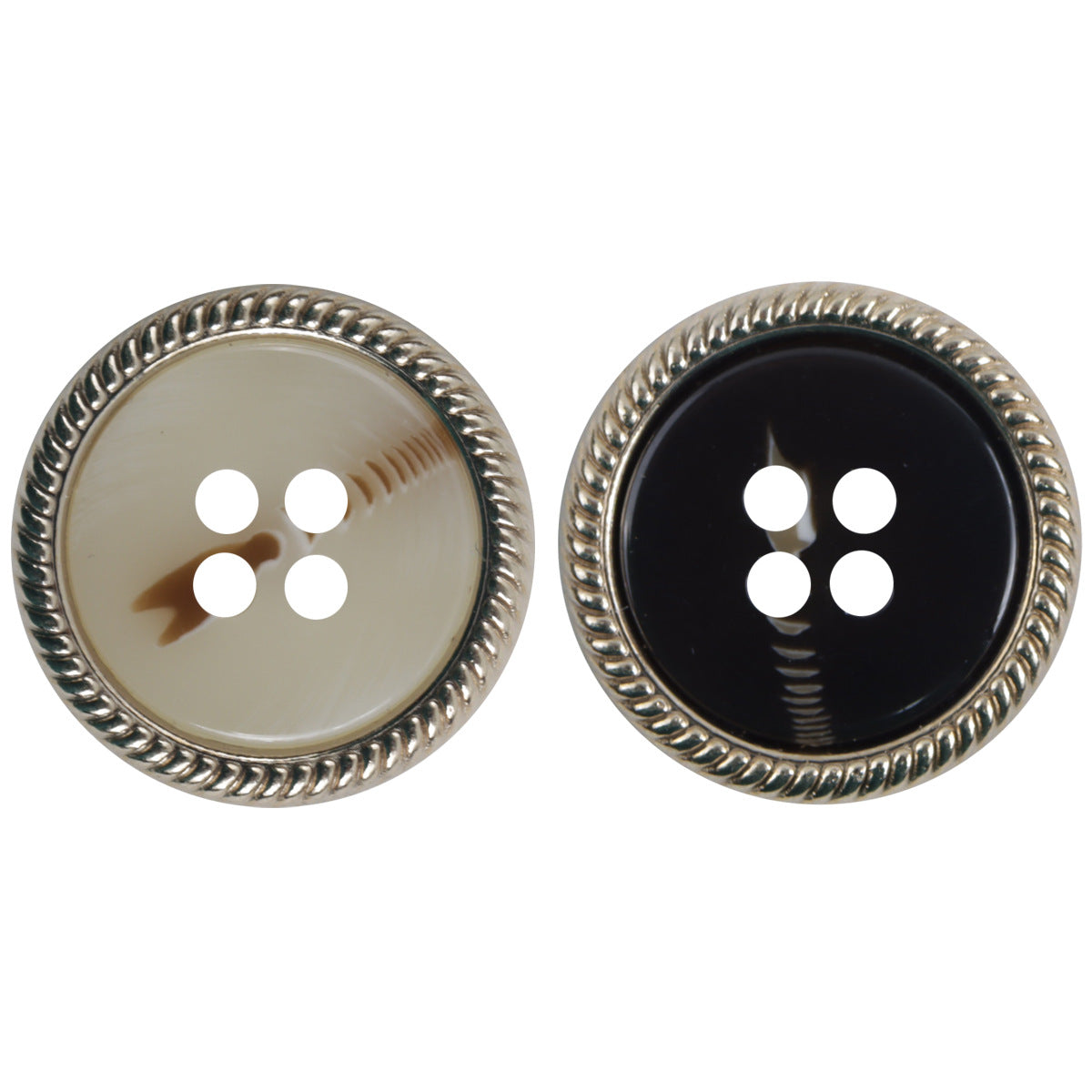 Beige four-hole flat resin button with metal lace edge and shiny border