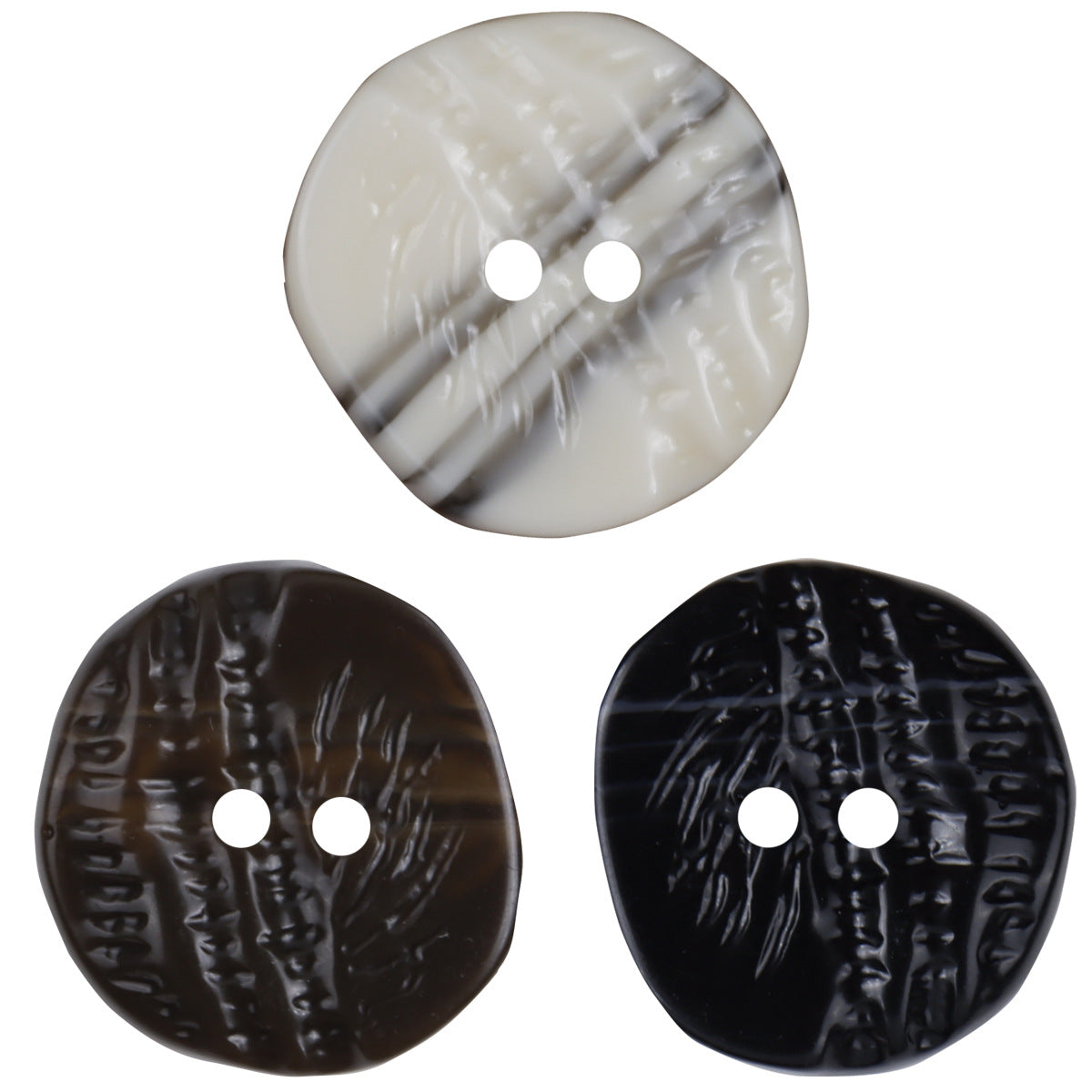 2-hole resin coat buttons, palm-tree textured, white, coffee & black