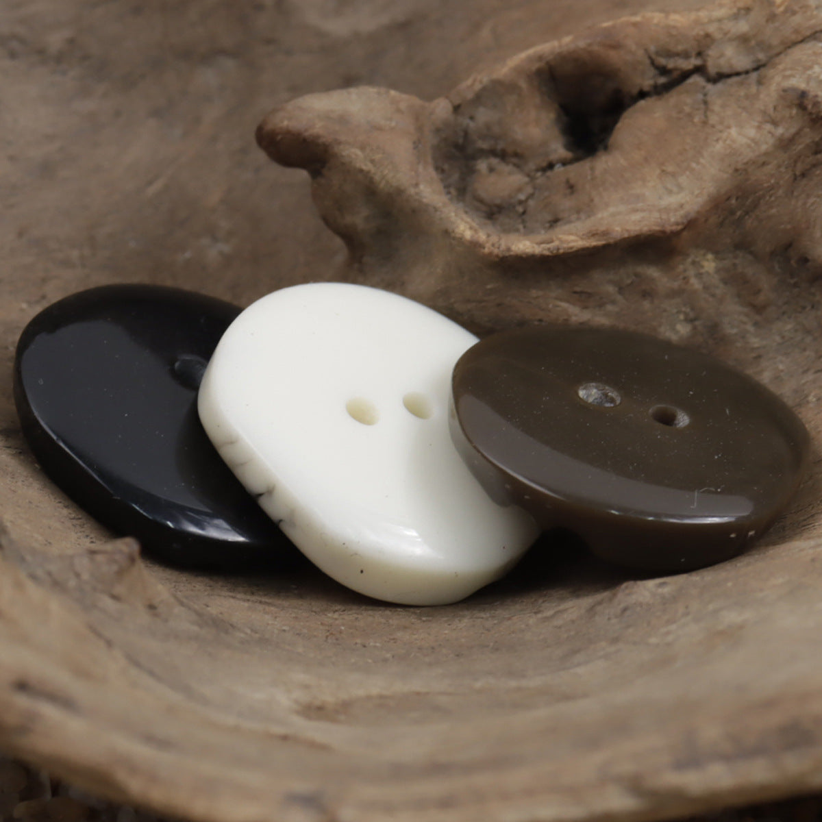 2-hole palm-tree textured resin coat buttons in black, white and coffee
