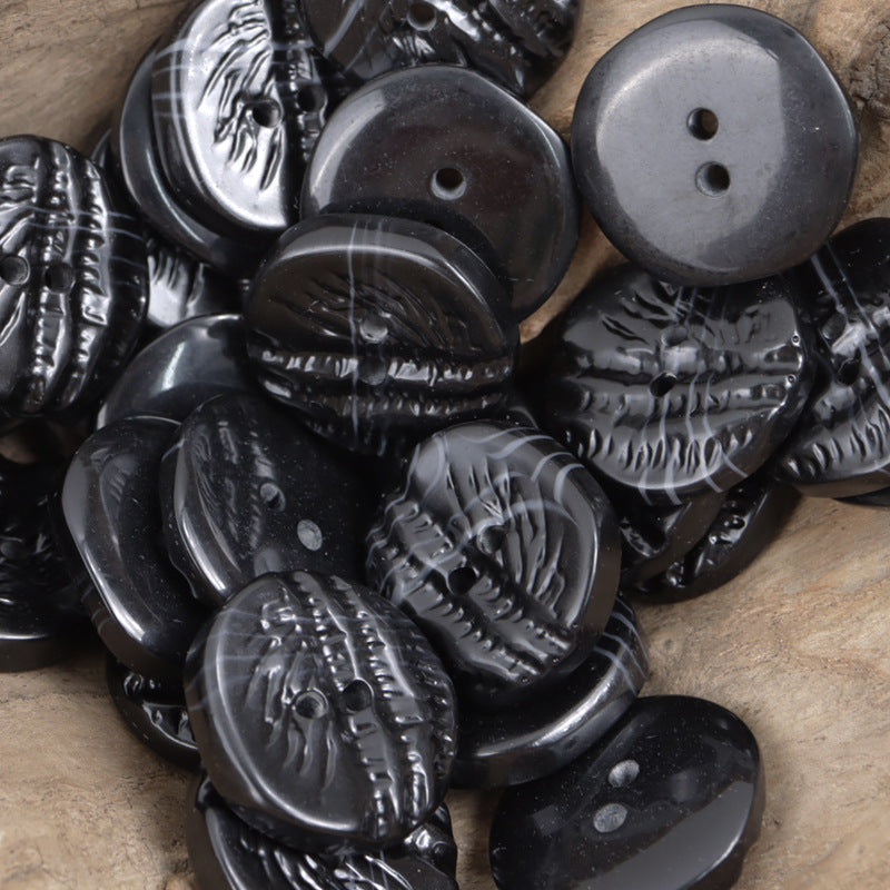 Black resin coat buttons, palm-tree embossed texture, two-hole