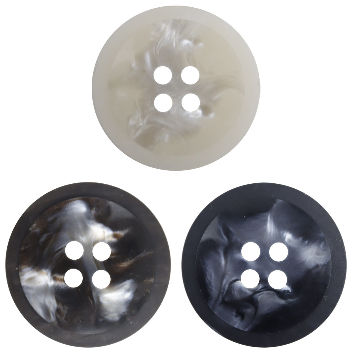 Round resin buttons set, white and dark marbled finishes with 4 holes each