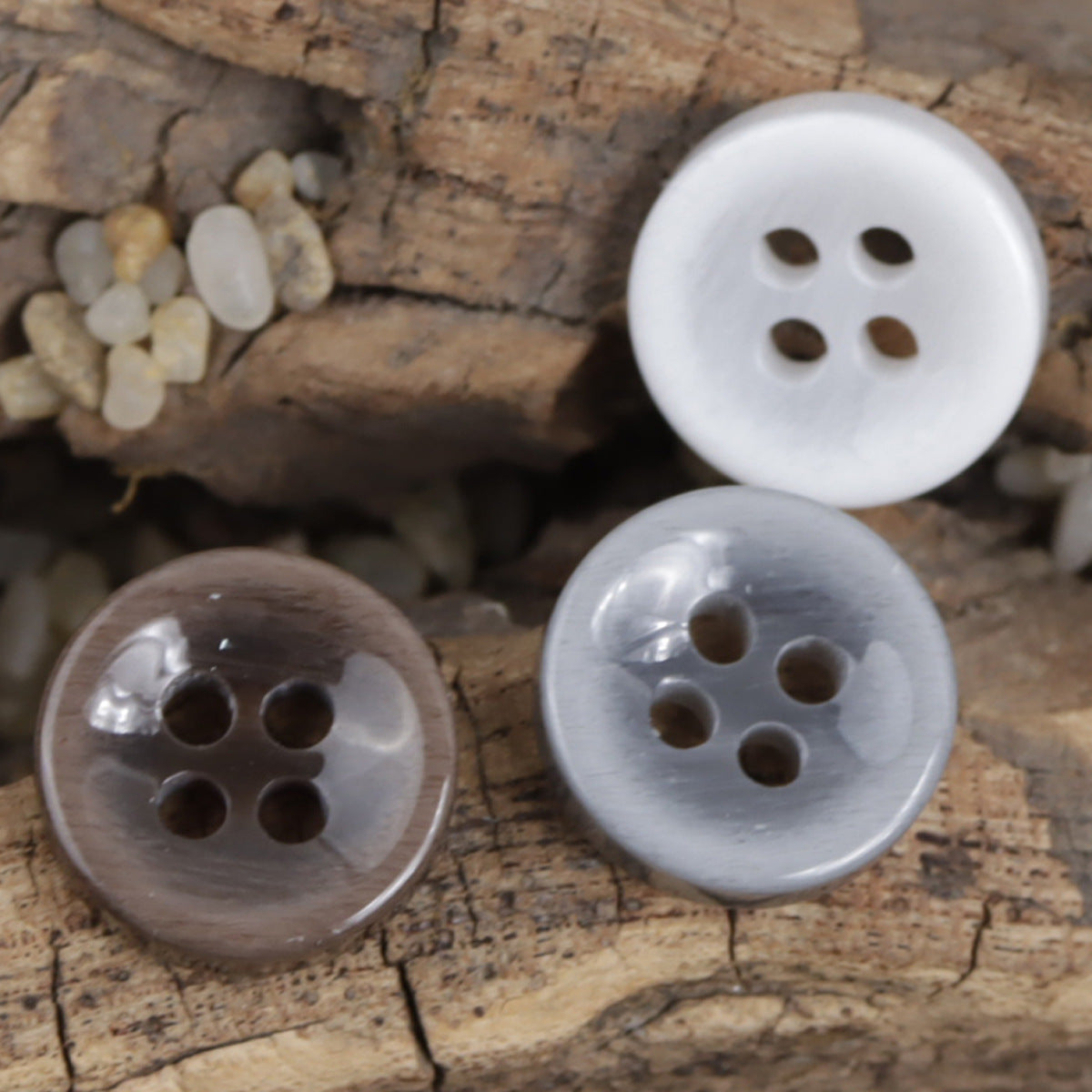 Round 4-hole resin buttons, assorted finishes: white, translucent gray, dark brown (set)