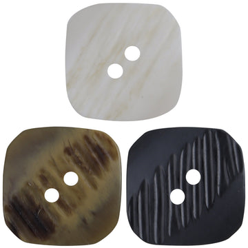 Rounded square resin buttons, 17.5–30mm, white/khaki/black—two holes each