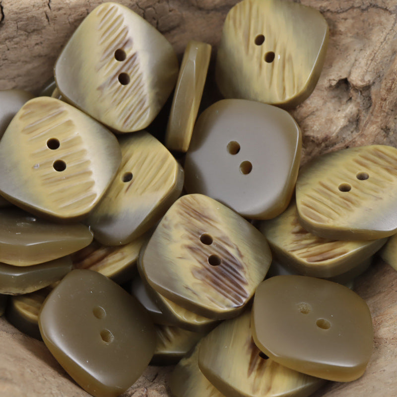Khaki/beige rounded square resin buttons, 17.5–30mm, ridged, two holes