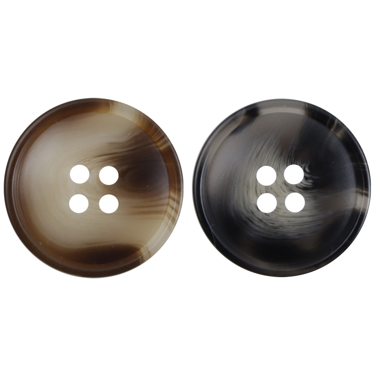 15–25 mm resin 4-hole buttons, khaki-brown and black-gray mottled (2 shown)