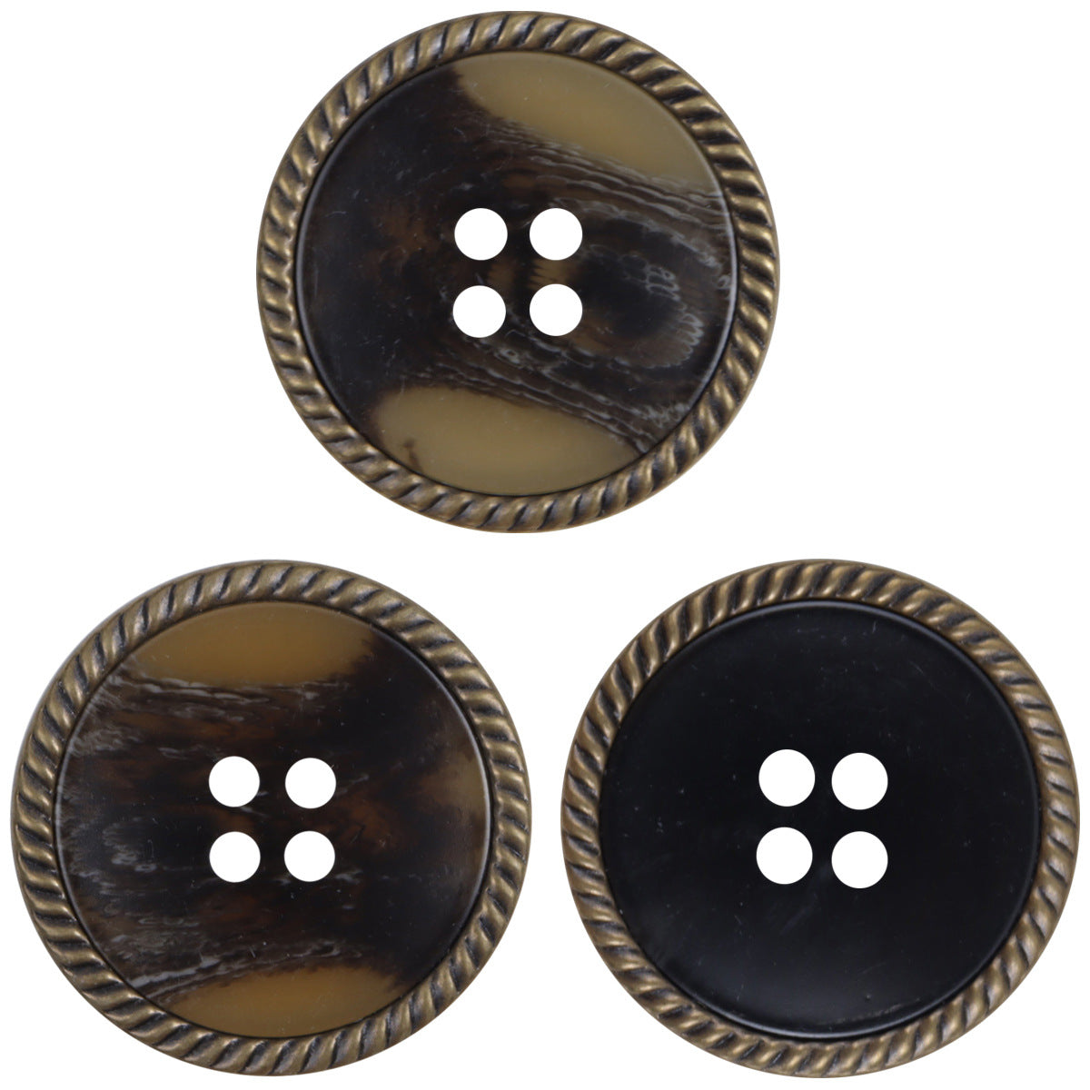 Horn-pattern resin coat buttons, bronze rope edge, dark coffee, 4 holes