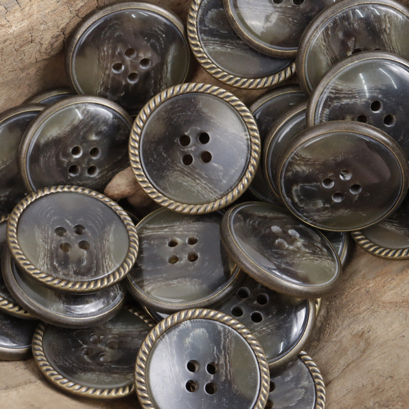 Resin buttons in dark tone with horn marbling, bronze edge rope, 4 holes