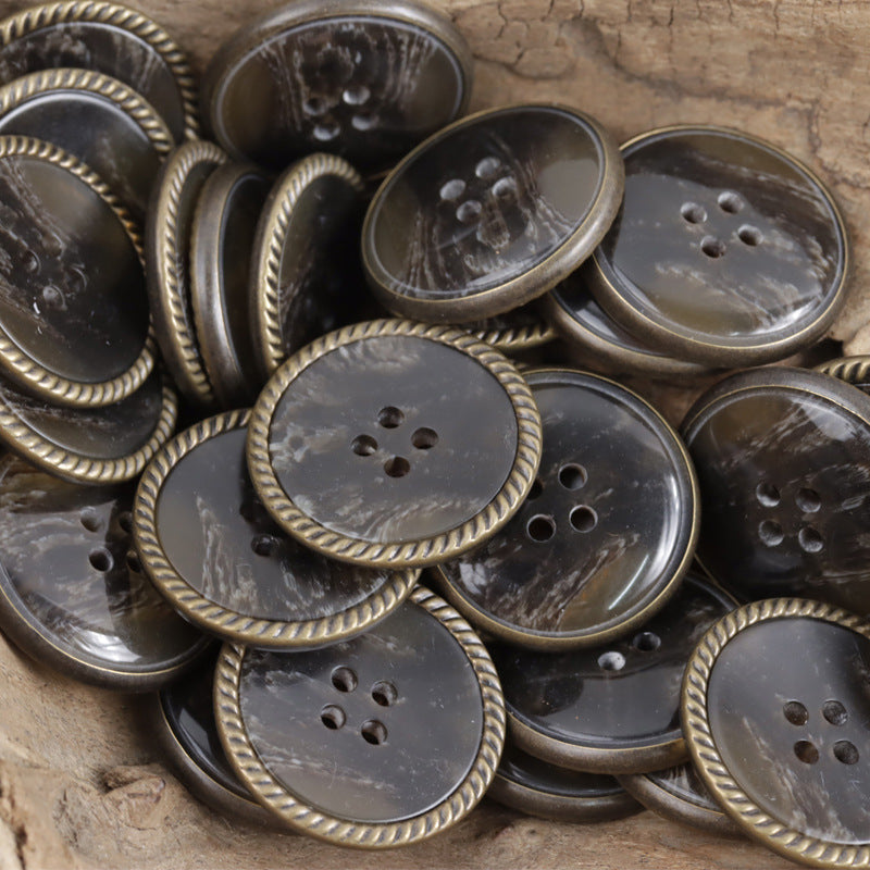 Assorted dark horn-pattern resin buttons, bronze rope rim, 4-hole and 5-hole styles