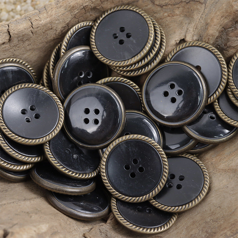Round resin buttons with horn look, bronze rope edge, black/dark tones, 4 holes