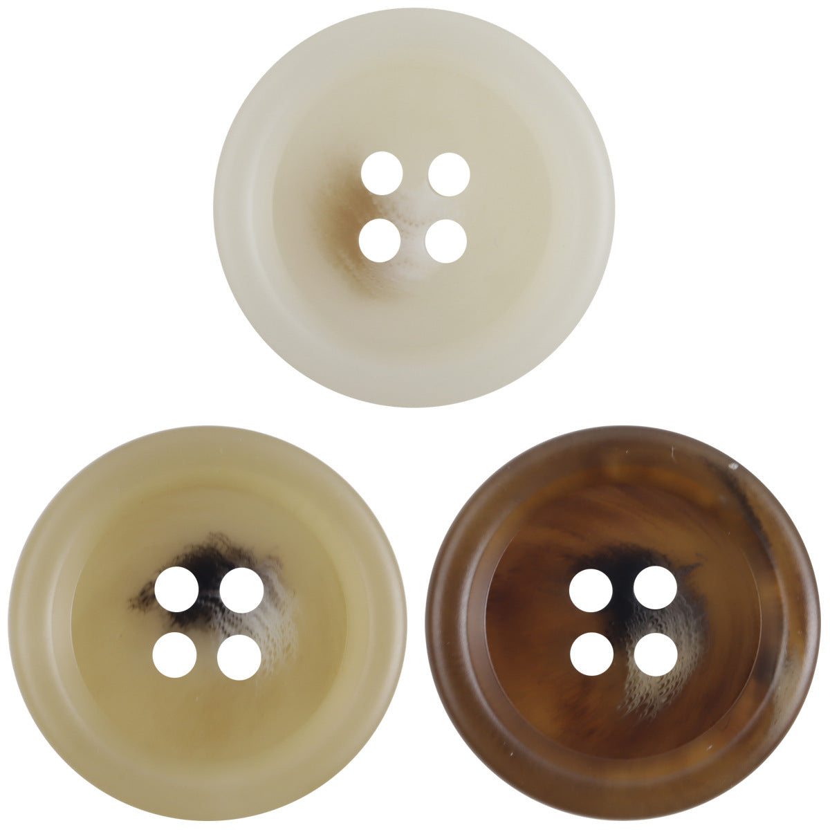 Resin 4-hole buttons: light khaki, white, and coffee-brown, close-up view