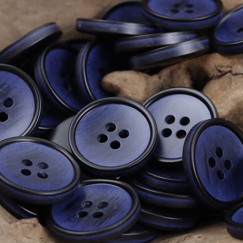 Blue resin buttons bundle; round four-hole designs with dark edging