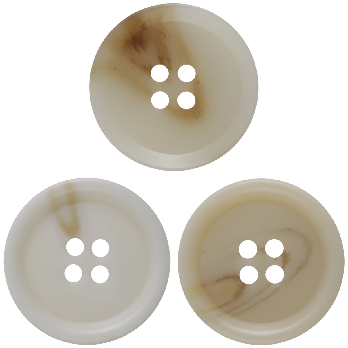 Beige runde Vierloch-Resin-Knöpfe, Frontansicht (3 Stück)
