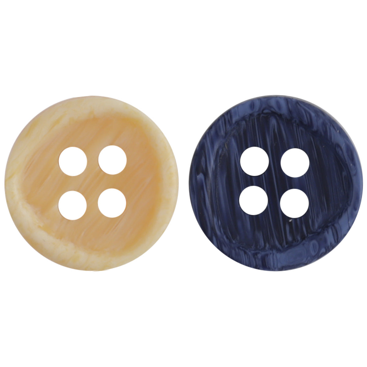 Round resin-look buttons, yellow and dark blue, 4-hole round design