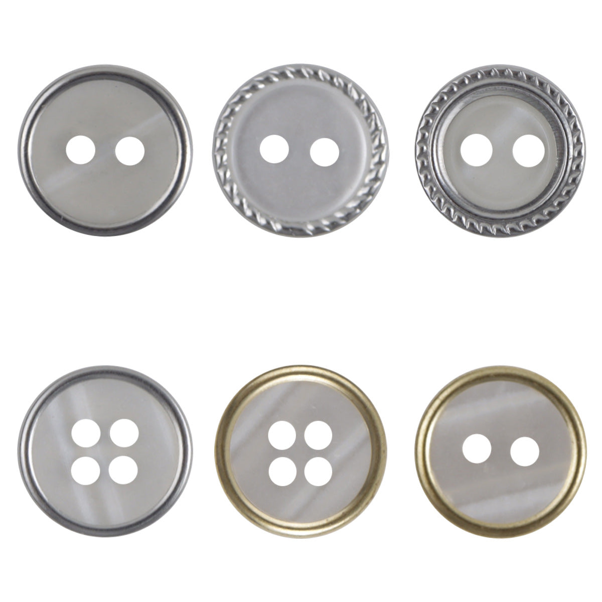 Runde Resin-Knöpfe mit Perlmuster-Rand, 2-Loch und 4-Loch, silberfarbener Rand, Set-Ansicht
