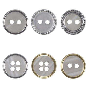 Runde Resin-Knöpfe mit Perlmuster-Rand, 2-Loch und 4-Loch, silberfarbener Rand, Set-Ansicht