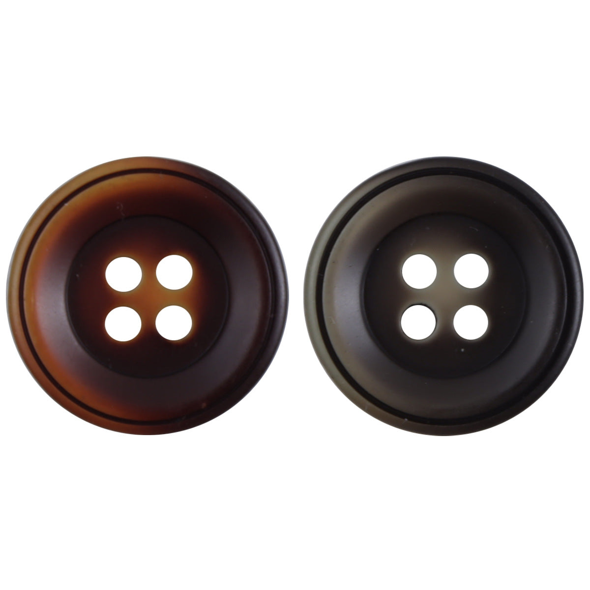 Round resin buttons, four-hole—red-orange and dark gray, close-up front views