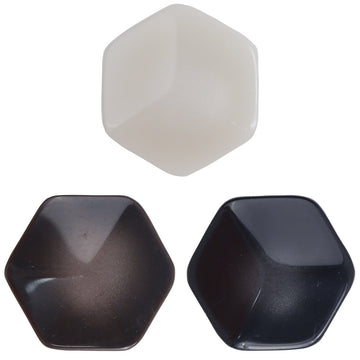 Hexagonal resin buttons set: white and black, front view with 2-hole shank
