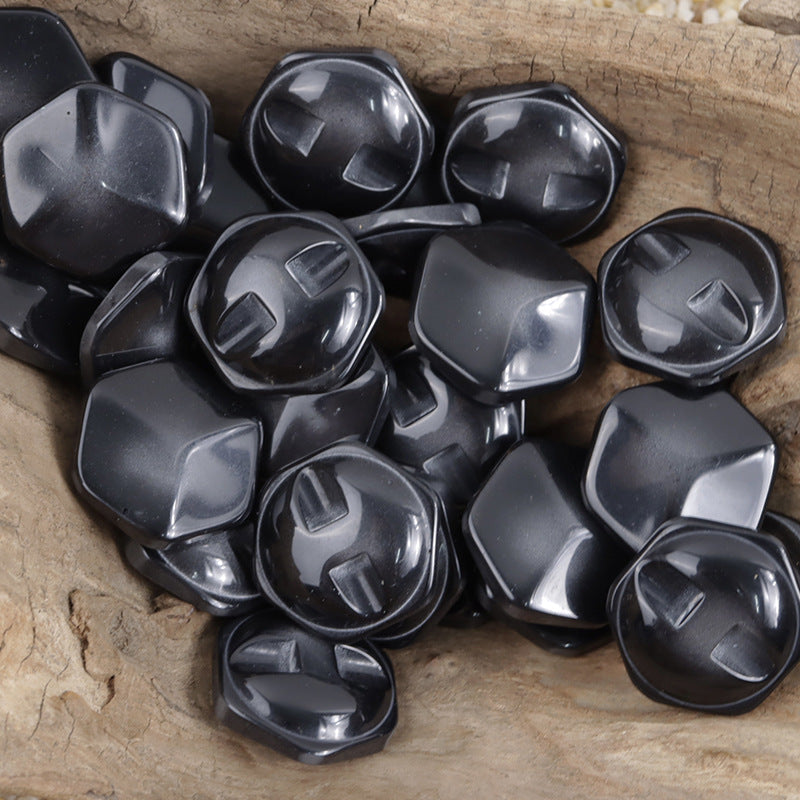 Black hexagonal resin buttons, close-up with 2-hole backplate detail