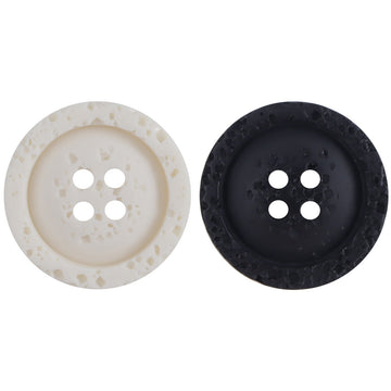 Textured resin shirt buttons, white and black, 4-hole design for sweatshirts (2 pcs shown).