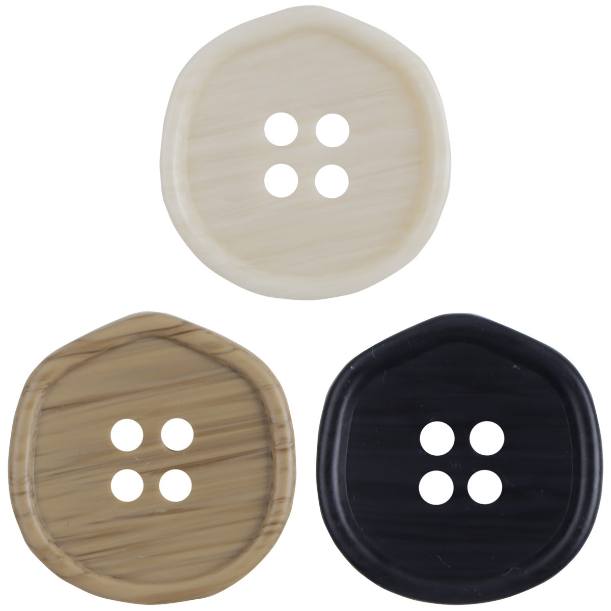 Set of resin buttons: white, black, khaki, round, wood-grain look, 4-hole front