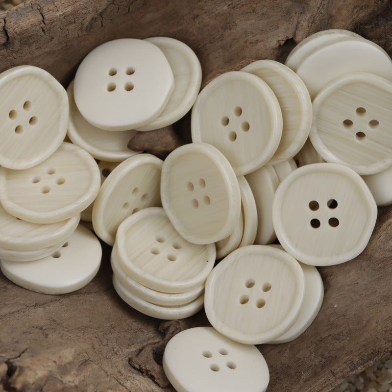 Cream/white resin buttons, round, wood-grain effect, multiple 4-hole fronts