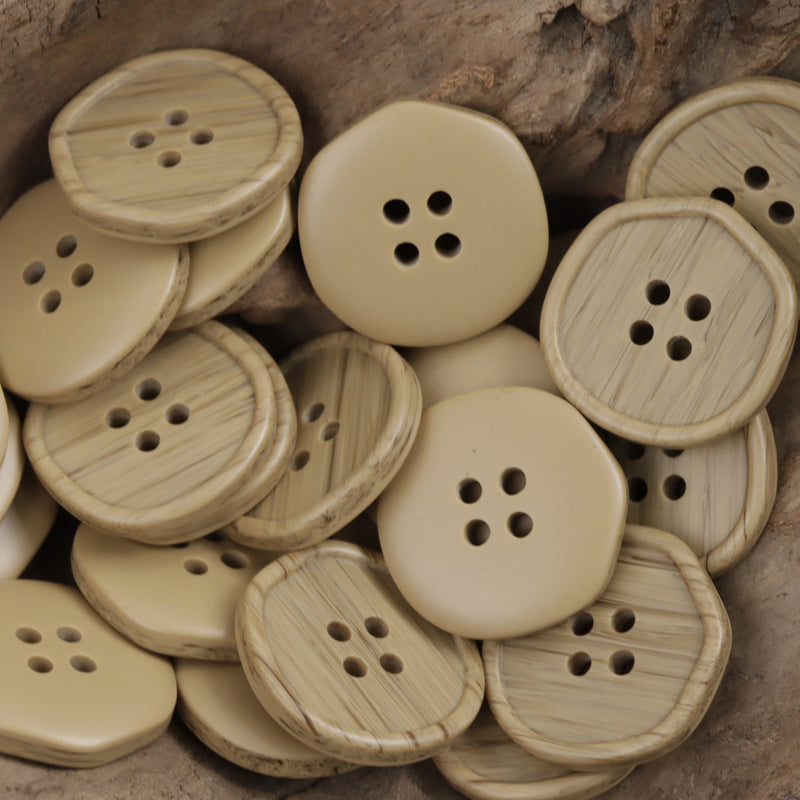 Assorted beige and khaki wood-grain resin buttons, round, 4-hole fronts