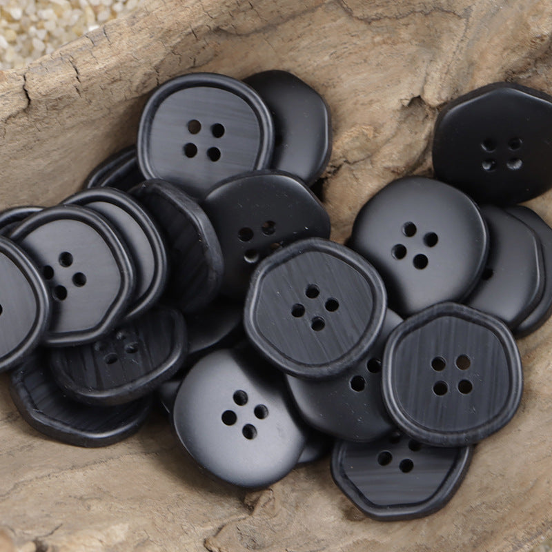 Black resin buttons, round, wood-grain finish, multiple 4-hole fronts