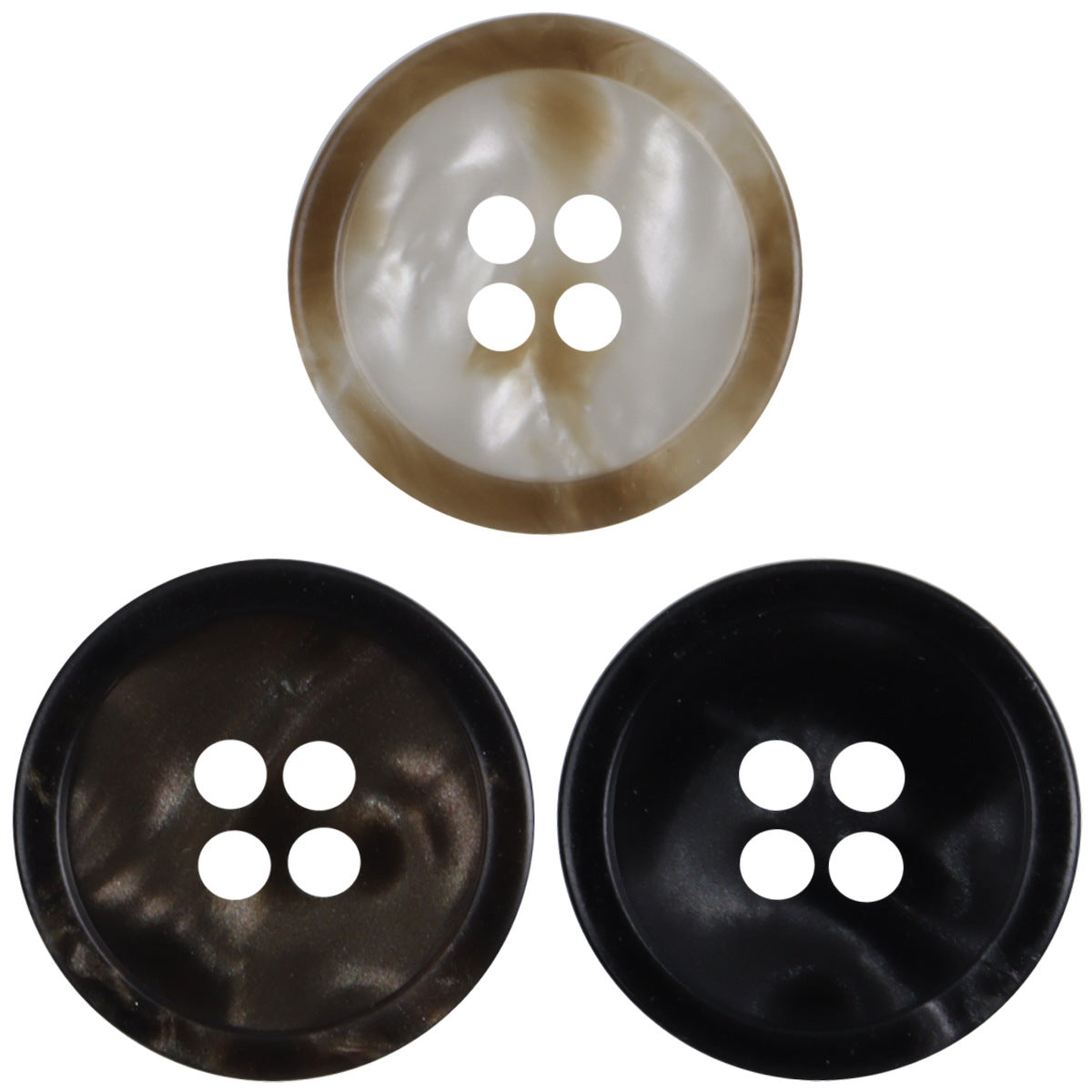 Round four-hole resin buttons with shimmering pattern in beige and dark tones