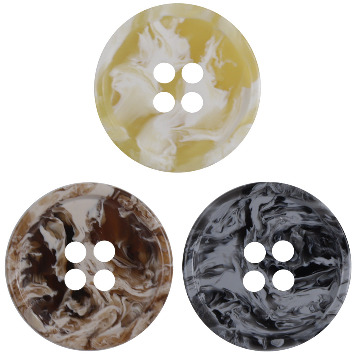 Four-hole resin buttons, yellow/cream ink-wash swirl, round, set of 30