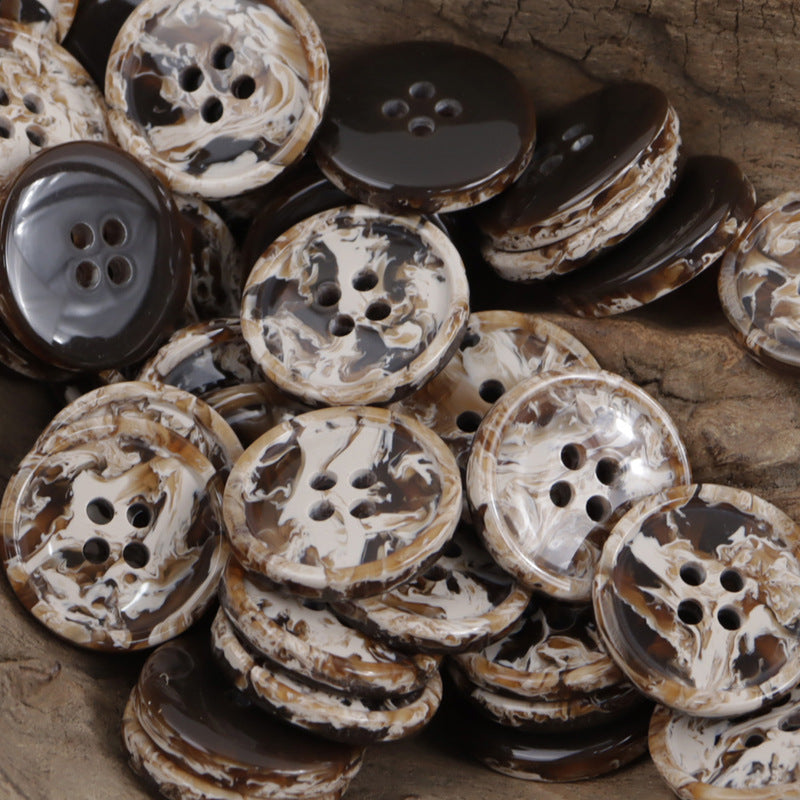 Round four-hole resin buttons, dark brown ink-wash with cream swirls, set of 30