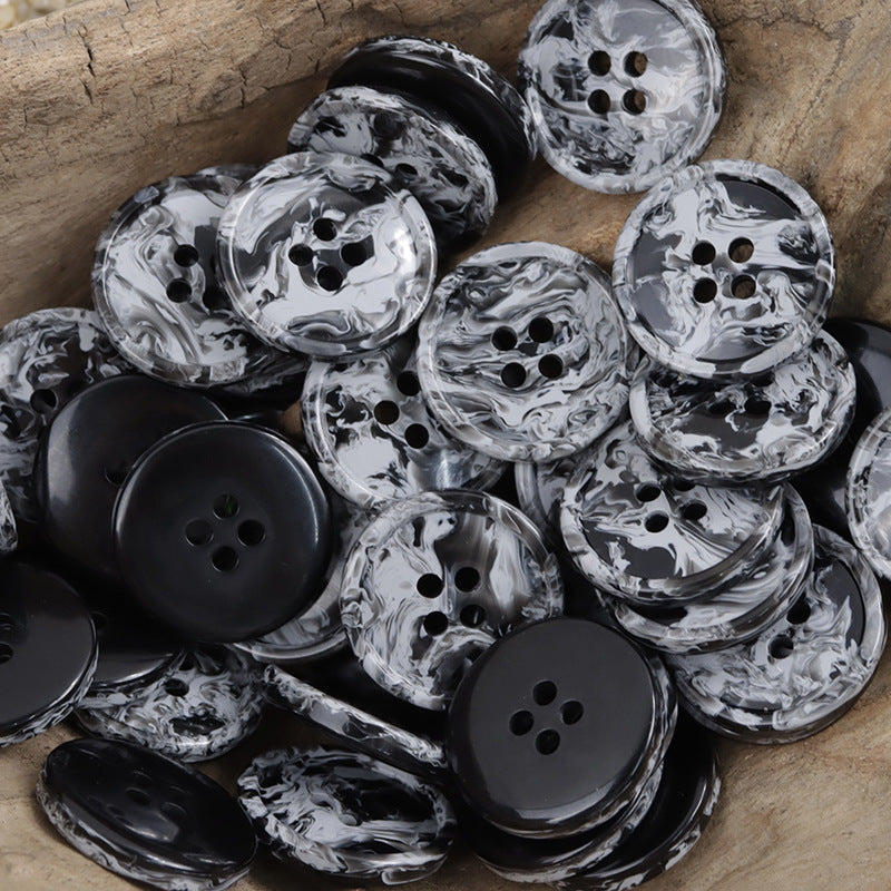 Round four-hole resin buttons, black and white ink-wash marbled, four holes, 30 pack