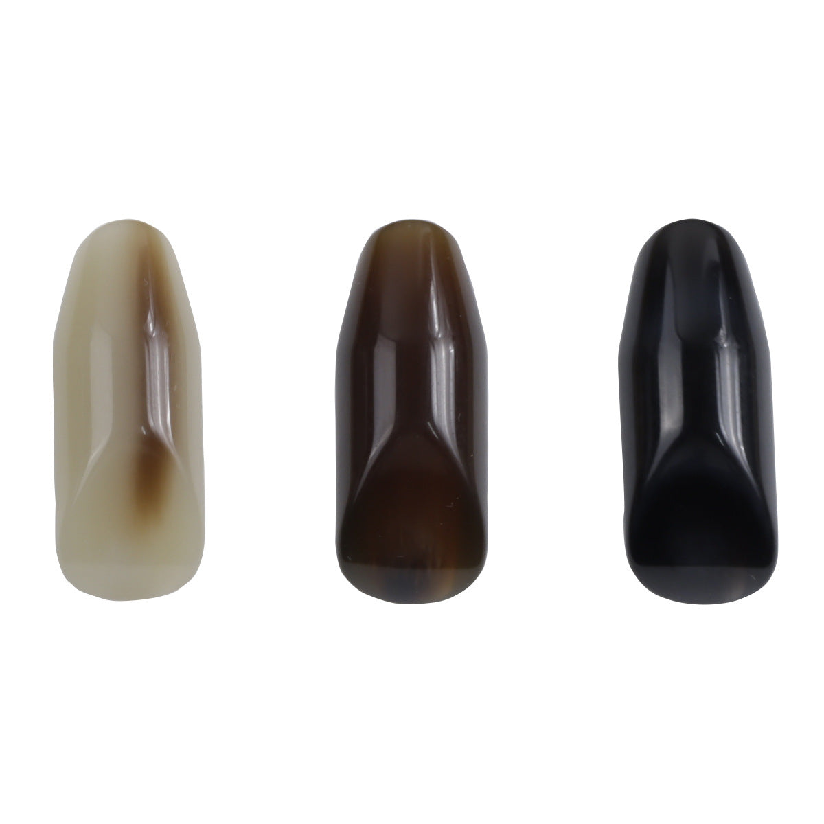 Irregular horn resin buttons in beige, coffee, and black, glossy teardrop shapes